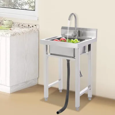 Produktbild von Freistehende mobile Spüle aus Edelstahl mit 1 Becken, 50x50x93 cm für gewerbliche Nutzung, Outdoor-Küchen und Camping