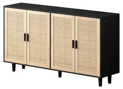 Image de Buffet noir avec 4 portes en cannage de rotin et design scandinave