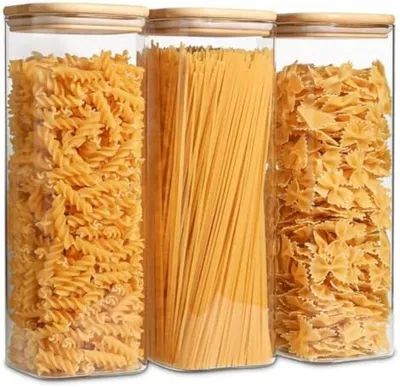 Produktbild von PolkaHome® 2100 ml Vorratsdosen Set (3er) – Klare Glasbehälter mit Bambusdeckel für Pasta, Mehl, Reis, Zucker