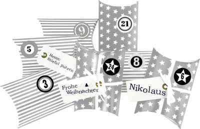 Produktbild von Adventskalender Christkind: Set 182, Kissenschachteln 15 x 11 x 4,5 cm grau Sterne und Streifen, Ziffern grau