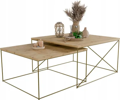 Zdjęcie produktu dla Zestaw Kwadratowych Stolików Kawowych 2w1 Salon Loft Złoty+Dąb Artisan