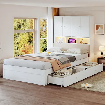 Produktbild von STILVORA Holzbett 90x200 cm mit Stauraum-Kopfteil und Lattenrost,Einzelbett mit Schublade und Ablagefächern,Jugendbett mit LED-Beleuchtung und Steckdose