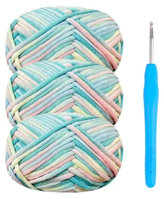 Image de Fil à crocheter, mélange coton-nylon, 3 pelotes de 50g, avec un crochet de 4 mm, coloris bleu/vert assortis