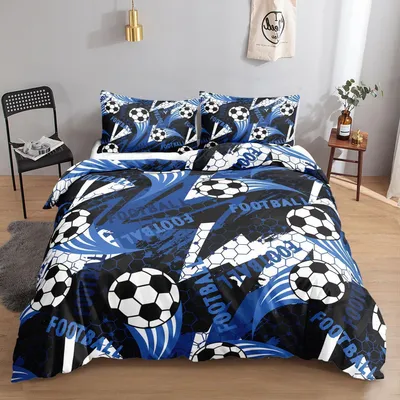 Productafbeelding van Beddengoedset met voetbalprint, cartoonstijl, 155x220 cm, 2 kussenslopen van 80x80 cm, microvezel