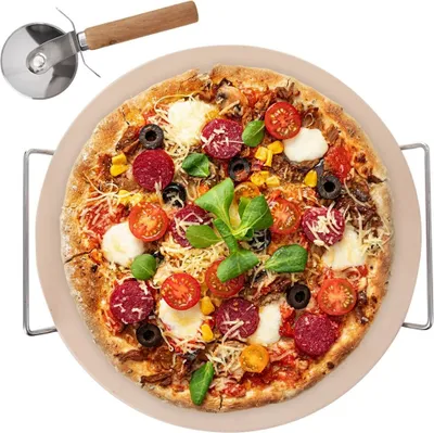 Obrázek produktu pro Orion kámen na pizzu kulatý Ø 33 cm kamenná deska na pizzu tarte flambée kámen na pečení do trouby, grilovací forma + stojan na nože na pizzu