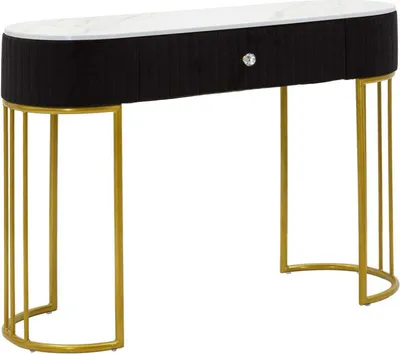 Produktbild von Montpellier Konsolentisch Black Glam – Goldfarbenes Metallgestell mit Marmorimitat-Platte und schwarzem Stoffbezug, 100 x 43 x 74 cm – Elegantes rechteckiges Design
