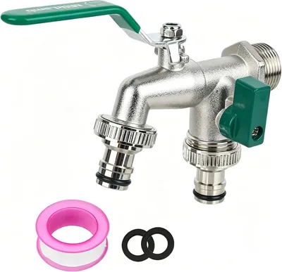 Imagen del producto de Grifo de latón de doble válvula, de 3/4 de pulgada, resistente a las heladas y a la corrosión, con 2 conexiones para mangueras, para uso en jardines