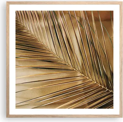 Produktbild von Gerahmtes Poster - Rahmen in heller Eiche - Blatt Gold Pflanze - 60x60 cm - Wand Bild - Wanddeko - Wandbilder - Kunstposter - Wandposter - Bilderrahmen - Bilder - Kunstdruck - P2NAC60x60-5041