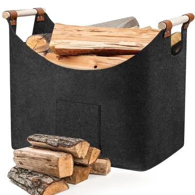 Image de Panier en feutre XL pour bois de chauffage, pliable, avec poignée en bois, 45x32x40 cm, gris foncé