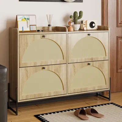 Produktbild von Schuhschrank mit 4 Klappen, einstellbarer Schuhregal, schmaler, Schuhschrank schmal, Schuhregal Schuhkipper, Diele Flur.