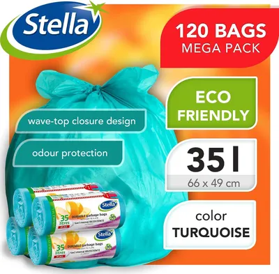 Obrázek produktu pro Sáčky na odpad 35 litrů, recyklovatelné, se stahovací páskou, tyrkysové barvy, vhodné pro domácnost i kancelář