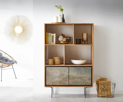 Produktbild von DELIFE Highboard Juwelo 88x135 cm Akazie Natur mit Steinfurnier