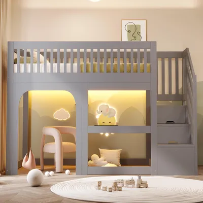 Immagine prodotto di Letto a castello Merax, 90x200 cm, con illuminazione a LED, letto per bambini con scaletta contenitore, letto in legno con ringhiera di sicurezza, area giochi, rete a doghe, colore grigio