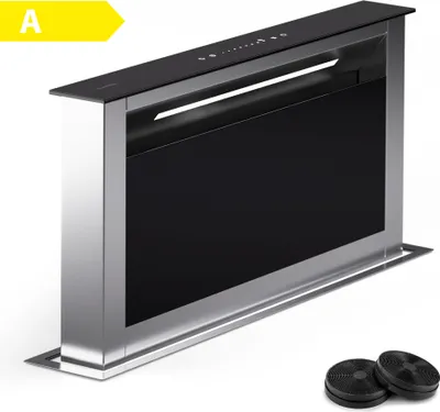A modern, sleek downdraft range hood installed in a countertop.
