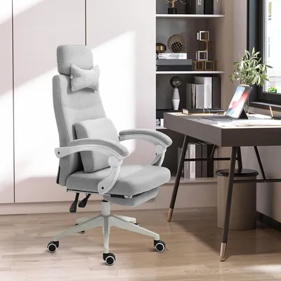 Immagine prodotto di okwish Sedia da ufficio, sedia girevole da lavoro con poggiapiedi estensibile, sedia da gioco con seduta regolabile in altezza, letto imbottito con schienale regolabile a 160°, grigio