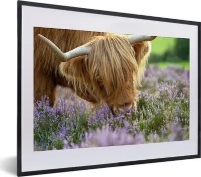 Produktbild von MuchoWow® MuchoWow® Gerahmtes Poster Schottisches Hochlandrind - Blumen - Kuhkopf 40x30 cm - Poster mit zchwarzem Bilderrahmen - Bilderrahmen - Poster im Rahmen