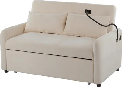Produktbild von Merax Schlafsofa, 2-Sitzer Klappsofa mit Schlaffunktion, verstellbare Rückenlehne, USB-Ladeanschluss & Handyhalter, Chenille Bettsofa, Couch, Beige