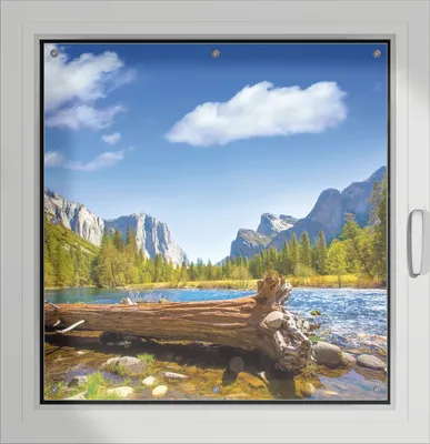 Produktbild von Wallario Lichtschutzbild, Dekorativer Sichtschutz Sonnenschutz 96 x 100 cm mit Motiv: Baumstamm im Fluss zwischen Bergen und Wäldern - Verdunklung ohne Bohren