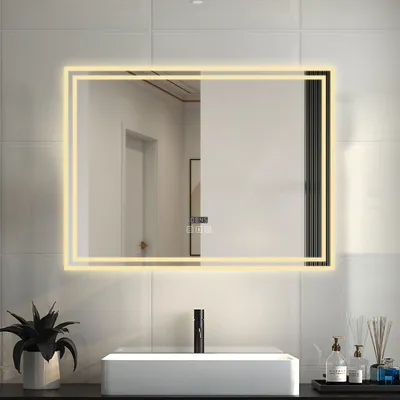 Produktbild von LED Badspiegel mit Uhr Bluetooth Warmweiß/Neutralweiß/Kaltweiß Dimmbar 80x60cm Beschlagfrei Speicherfunktion Badezimmer Spiegel mit Beleuchtung CE
