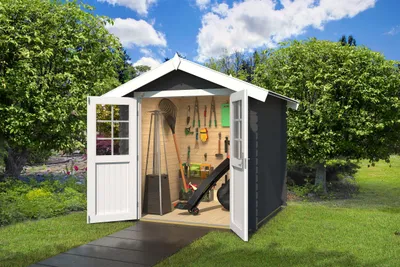 Produktbild von Gartenhaus Vaduz 209, 28 mm Wandstärke mit Doppeltür - B x T x H - 253.00 x 234.00 x 244.00 - Carbongrau