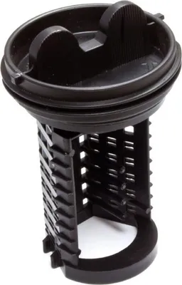 A black washing machine filter, also known as a lint trap or flusensieb.