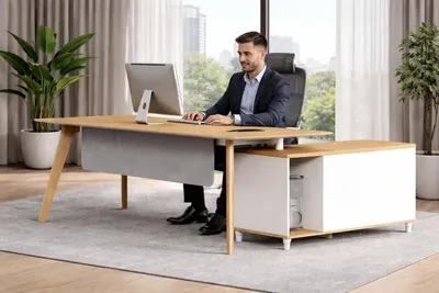 Produktbild von Braun-Weißer Eckschreibtisch Exklusive Bürotische Holzschreibtisch