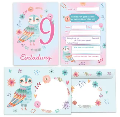 12 Einladungskarten + Umschläge, 9. Geburtstag, Eulen-Motiv