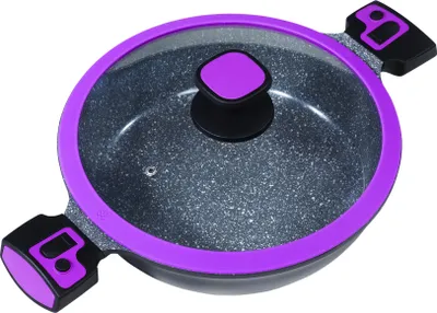A top-down diagonal view of a purple and gray serving pan with a glass lid.