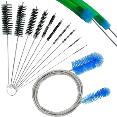 Zdjęcie produktu dla Zestaw szczotek do czyszczenia rur, 11 elementów, ze stali nierdzewnej, nylonowe, elastyczne, z podwójną głowicą, do butelek i akwariów
