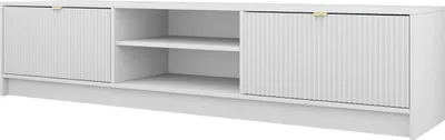 A white TV lowboard with two doors and open shelves.