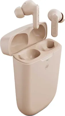 A pair of beige wireless earbuds and their charging case are shown against a white background.