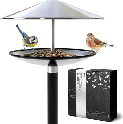 Produktbild von Famanu Vogelhaus auf Pfahl - Futterhaus und Vogelbad in einem - Silber