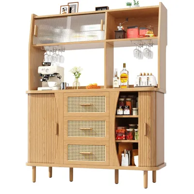 Produktbild von Hochwertiger Buffetschrank mit Rattanoptik & Glasschiebetüren, 174,5cm hoher Küchenschrank mit Stauraum,Nussbaum-Optik, belastbar bis 60kg