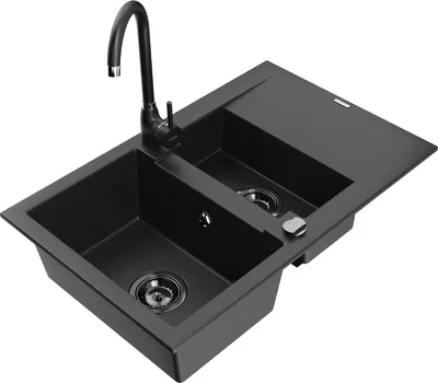 Produktbild von Mexen Gaspar 1,5-Becken-Granitspüle mit Abtropffläche und Mischbatterie Telma, Schwarz - 6507-77-670200-70-B