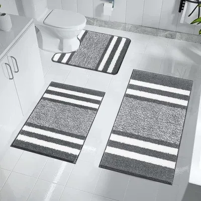 Produktbild von Unyqoos® Badematten-Set 3-teilig – 2 Rechteckmatten (45×65 cm, 50×80 cm) + U‑Toilettenmatte (50×60 cm), hochfloriges Mikrofaser, TPR Anti-Rutsch, saugfähig, waschbar