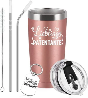 Produktbild von Edelstahl-Kaffeetasse mit Deckel und Strohhalm - 600 ml