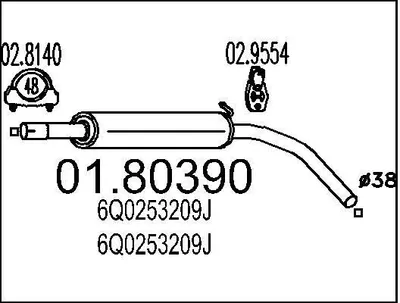 Produktbild von MTS 01.80390 Mittelschalldämpfer Schalldämpfer für VW POLO (9N) für SEAT Ibiza III Schrägheck (6L) für SKODA ROOMSTER (5J) Fabia I Combi (6Y5) FABIA