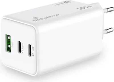 Produktbild von MediaRange Ladegerät 100W 3-Port 2x USB-C u. 1x USB-A, weiß