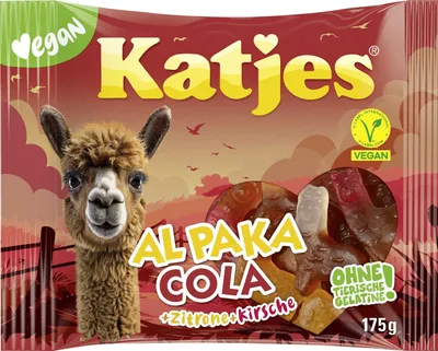 A bag of Katjes Al Paka Cola vegan gummy candies with an alpaca illustration.