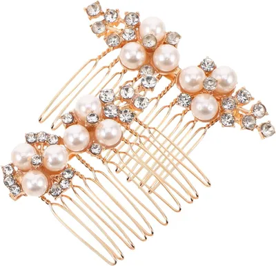 Produktbild von 2 Haarschmuckstücke mit Kunstperlen und Blumen, Seitenkämme für den Pony, Brautschmuck für die Hochzeit und Haarspangen mit Perlen