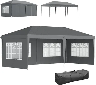 Produktbild von Pavillon ca. 3x6m Wasserdicht Pop-up Faltpavillon mit 4 Seitenwänden, Fenster UV-Schutz Tragetasche Grau