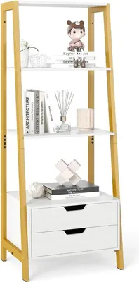 Produktbild von Leiterregal/Bücherregal - Freistehend - 4 Offene Regalböden - 2 Schubladen - Holz - Für Schlafzimmer & Wohnzimmer - Weiß