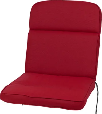 A red chair cushion is shown against a white background.