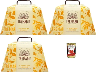 Produktbild von Tre Marie Il Panettone Milanese 3x 750 g – klassischer italienischer Weihnachtskuchen mit Rosinen & kandierten Zitrusschalen – weich & feinporig, Langzeit-Teigführung + Italian Gourmet polpa 400g