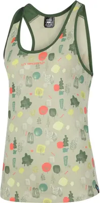 La Sportiva Botanic Tank W; Damen-Tanktop in hellgrün mit buntem Muster aus Bäumen und Punkten.