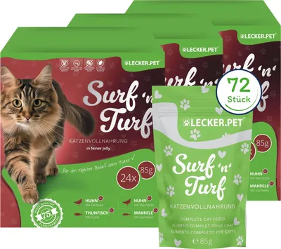 Image de Lot de 72 sachets de 85 g de nourriture humide pour chat Lecker.Pet® Surf'n'Turf en gelée fine - 4 variétés