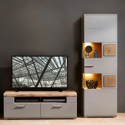 Produktbild von Wohnzimmermöbel Set FARO-36 in basalt mit Absetzungen in Eiche Hirnholz Nb. mit LED Beleuchtung, B/H/T: ca. 225/205/47 cm