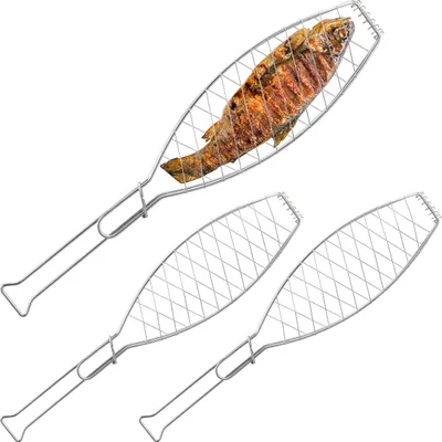 Obrázek produktu pro Relaxdays Sada 3 kusů držáků na ryby, nerezová ocel, s rukojetí, délka 54 cm, držáky na ryby na grilování, držáky na grilované ryby, stříbrné