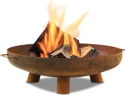 A rusty metal fire pit with burning logs inside, set against a white background.