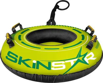 A green snow tube with yellow handles and black trim, shown from a slightly elevated diagonal angle against a white background.